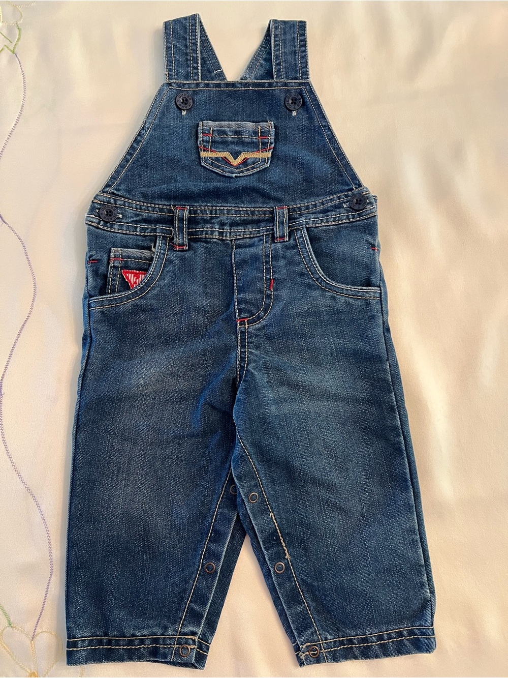 Guess Blue Denim Baby Overalls with Red Stitch Accents